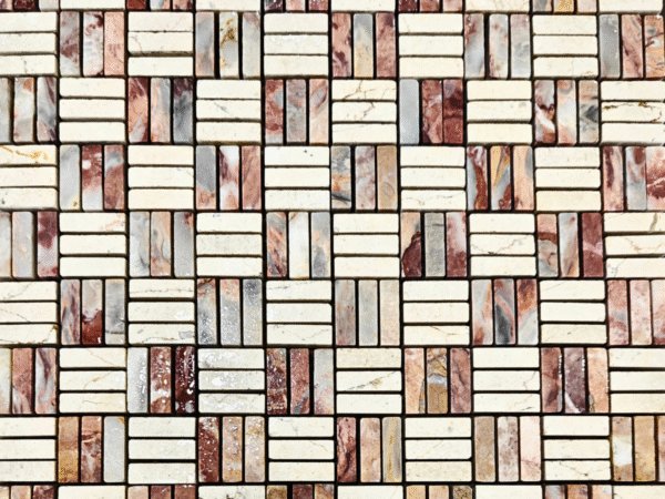 Basketweave Natural Stone Mosaic Tile in Cream and Burgundy